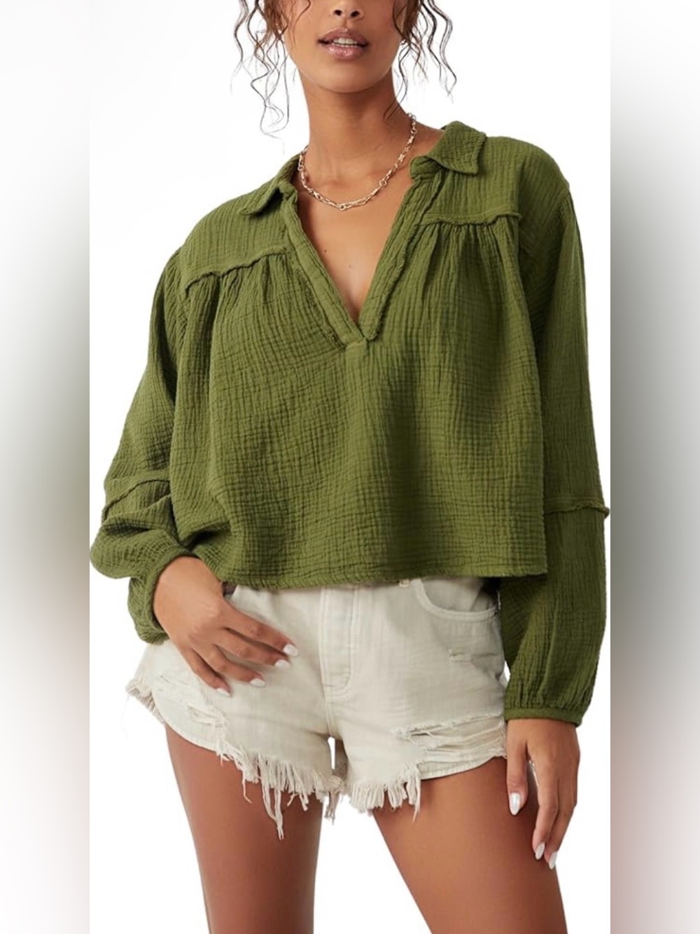 Free People Olive Green Gauze Pullover Top